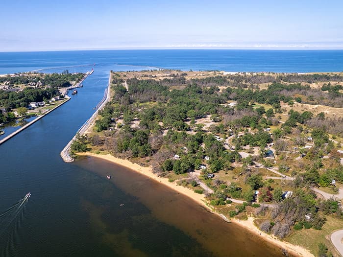 Muskegon State Park boardwalks and wetlands in spring