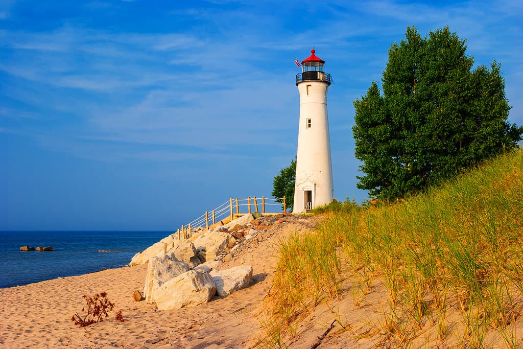Crisp Point Lighthouse on remote Lake Superior beach